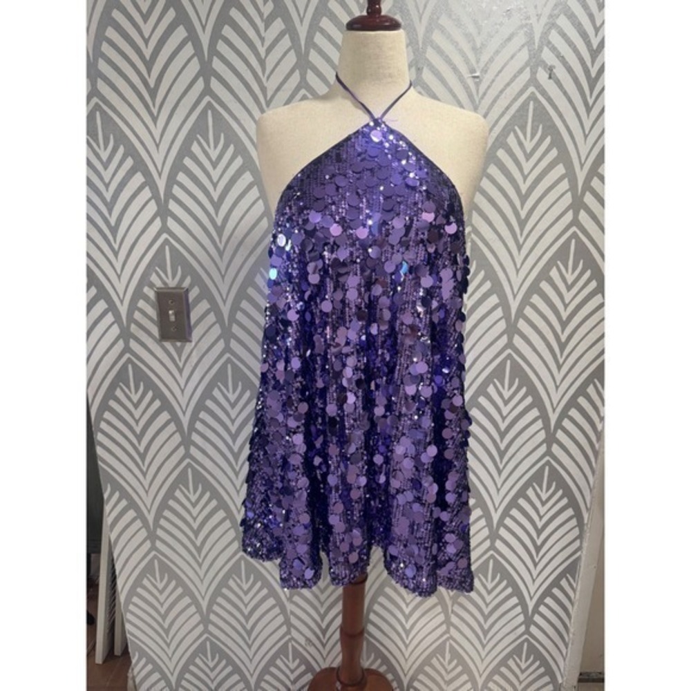 Princess Polly Purple Sequin Halter Mini Dress Open Back Party Disco US 2 - Picture 3 of 8